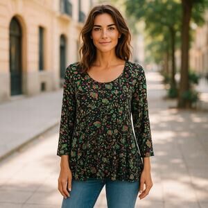 LuLaRoe Womens Top 2X 2XL‎ 22 24 Lynnae Black Green Yellow Orange Floral Tunic